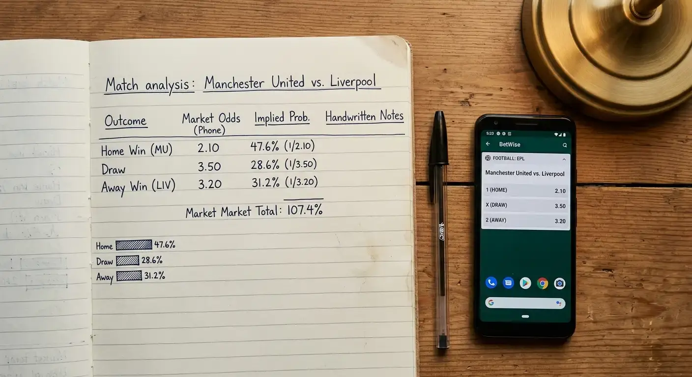 Three-way football match odds with implied probabilities adding up beyond one hundred per cent