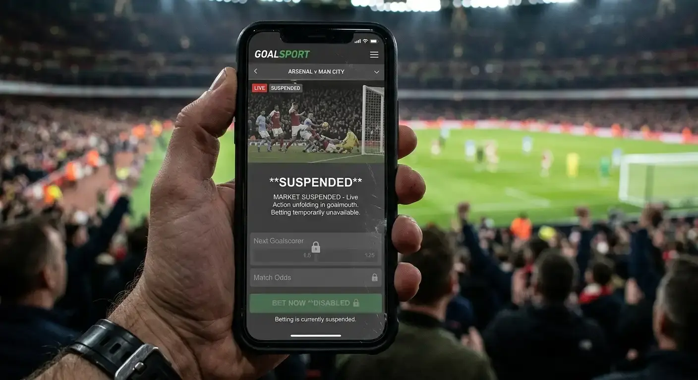 Suspended in-play football market greyed out on a phone during a goalmouth chance