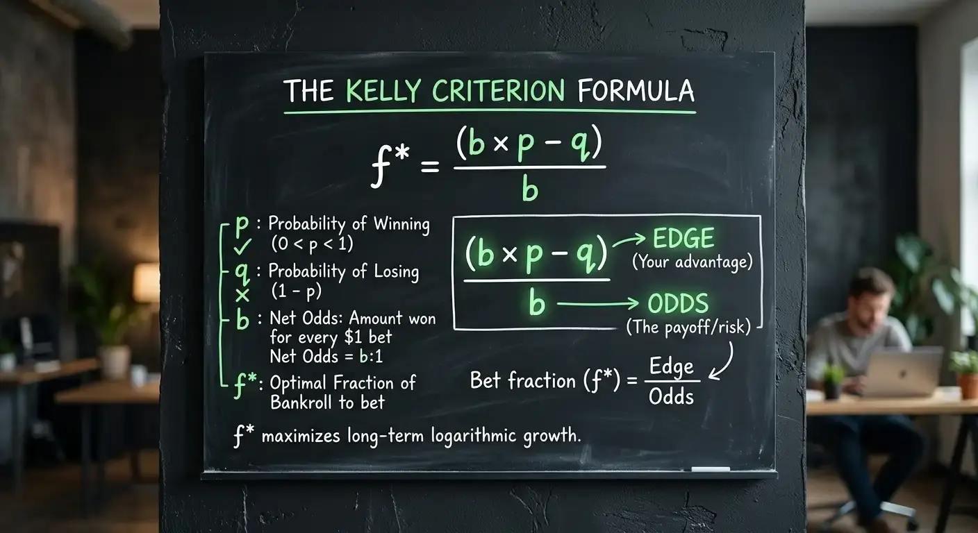 Clean whiteboard graphic decoding the Kelly Criterion staking formula