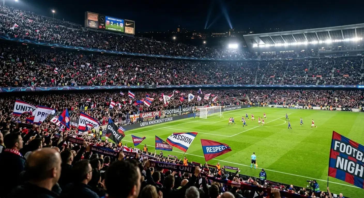 Electric European knockout football atmosphere under the floodlights