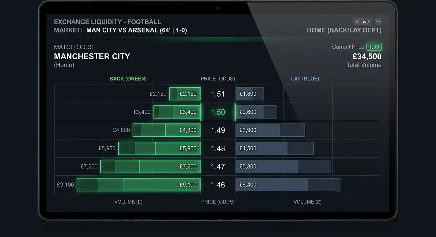 Visualisation of liquidity and market depth on a football betting exchange