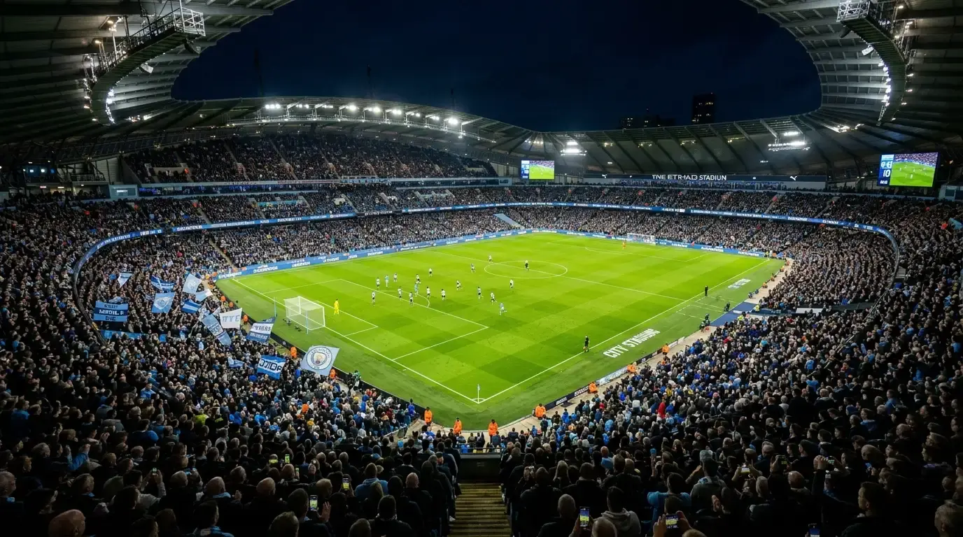 Floodlit football stadium during a live evening match with a full crowd