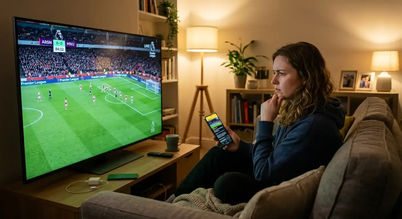 Bettor deciding whether to lock in profit late in a tense football match
