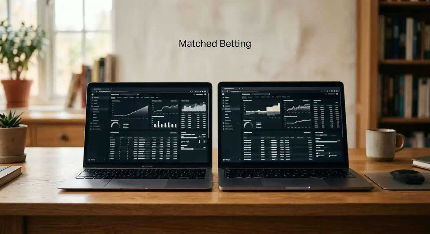 Two screens side by side showing a back bet and a lay bet matched on a football game