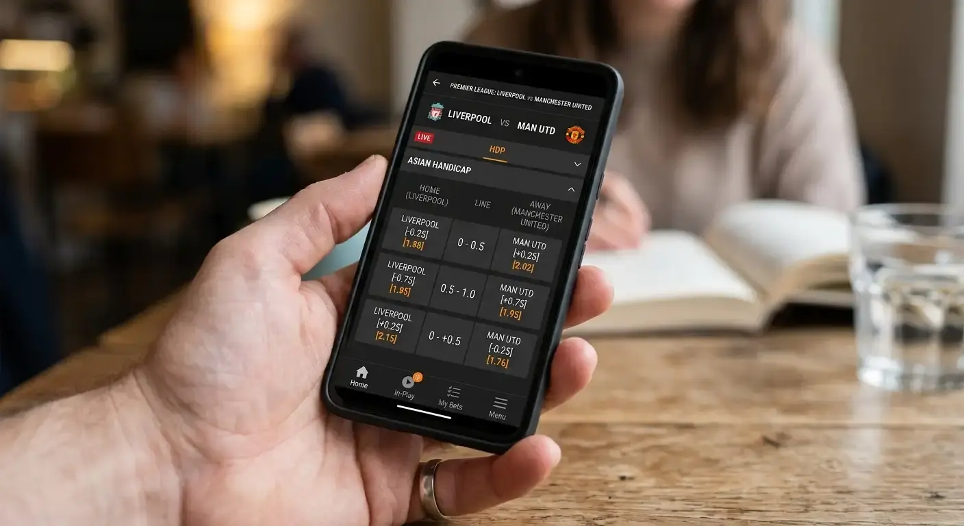 Smartphone showing an Asian handicap quarter line market for a football match
