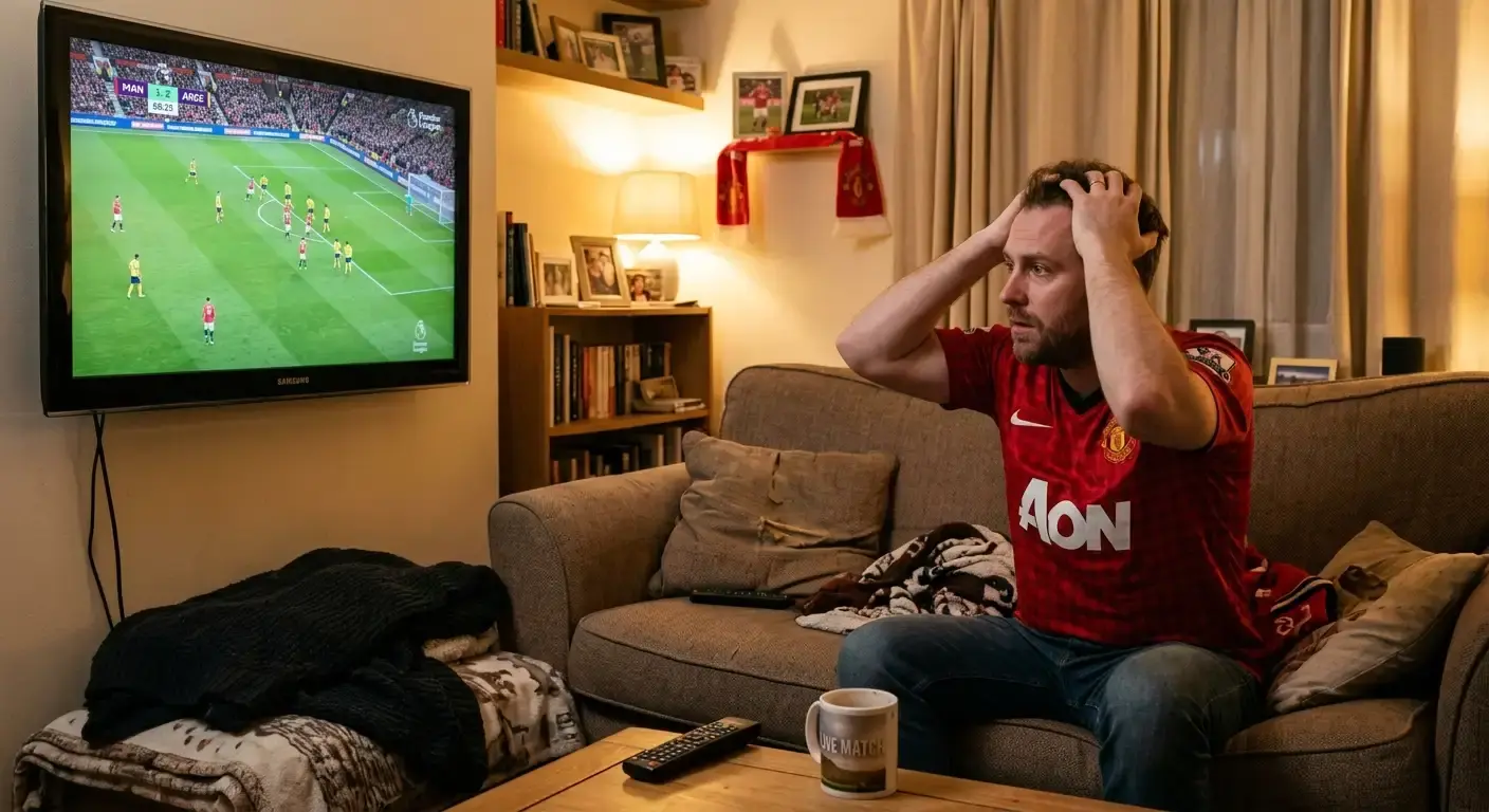 Football fan reacting with frustration as a near-miss scoreline lets a bet down