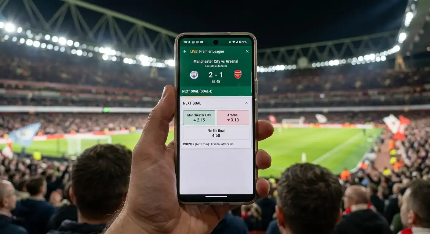 Next goal in-play market on a betting app during a live football match