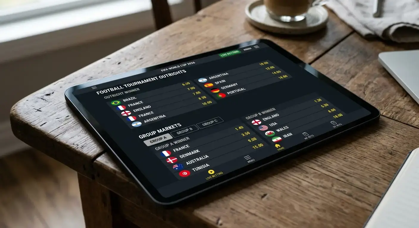 Tablet showing World Cup outright winner and group betting markets