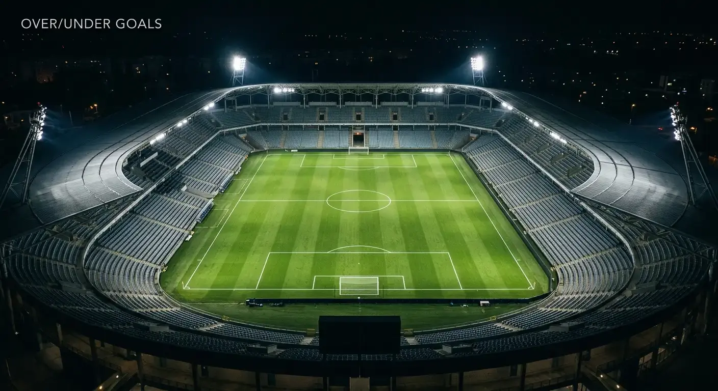 Aerial view of a football pitch under floodlights symbolising the total goals market
