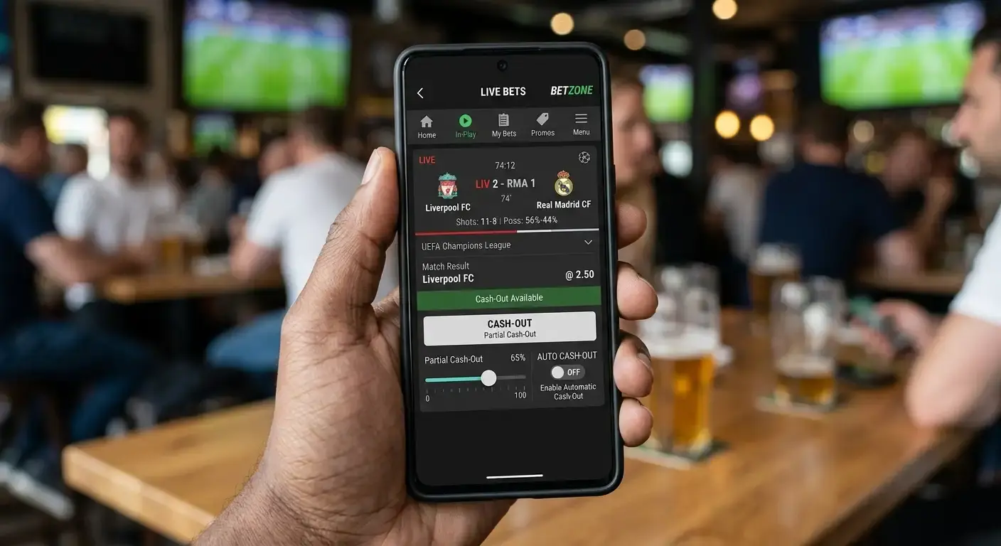Phone screen showing partial and automatic cash out controls for a football bet