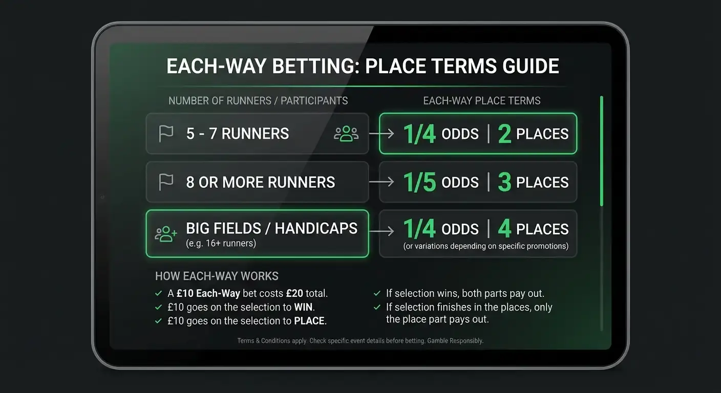 Clean panel explaining football each way place terms and fractions