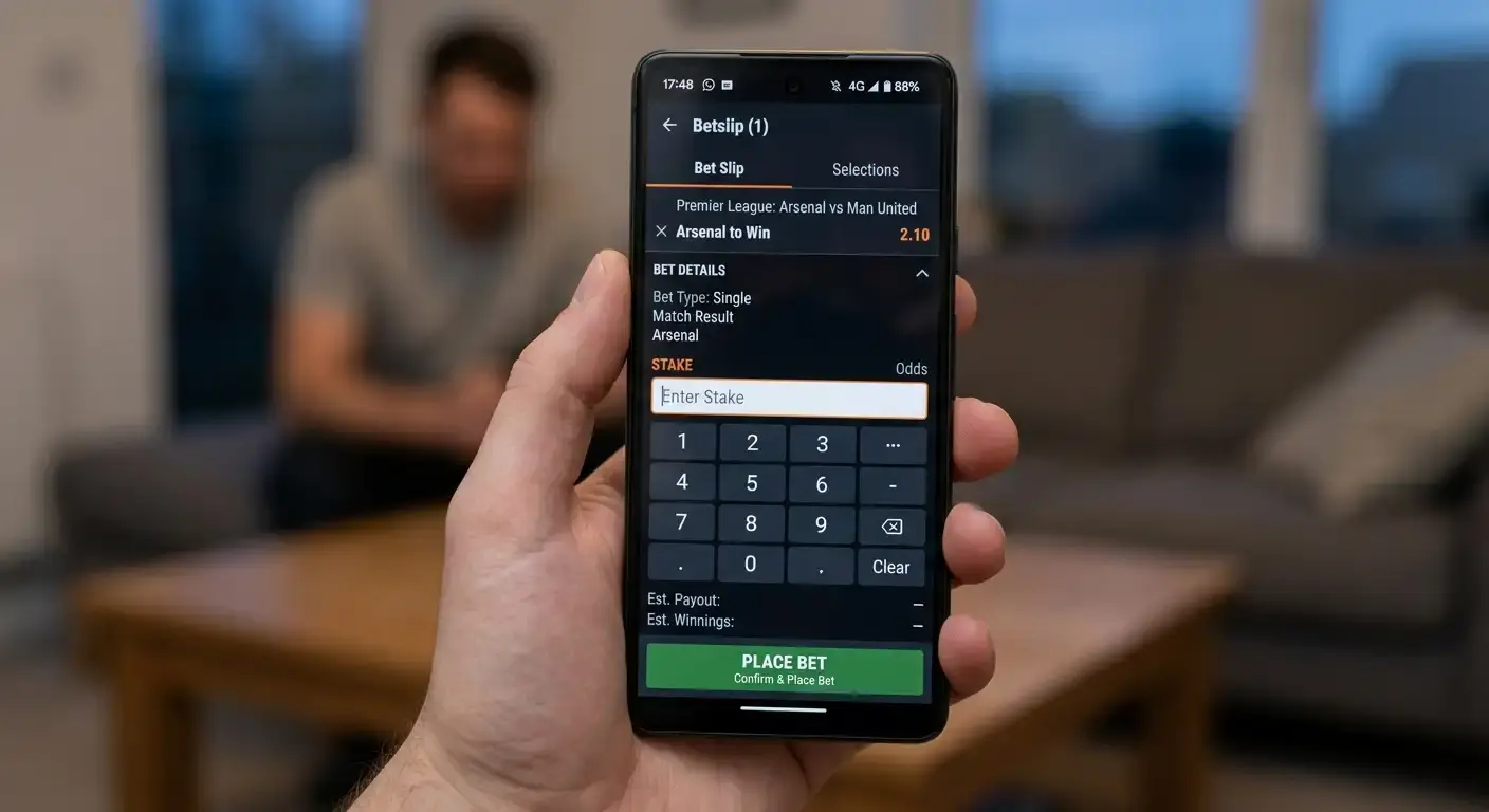 Step-by-step view of selecting a football market and confirming a first bet