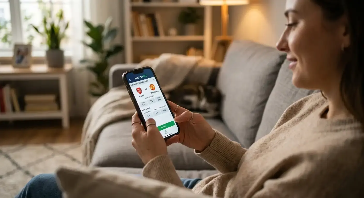 Person holding a smartphone showing a football betting app before a match