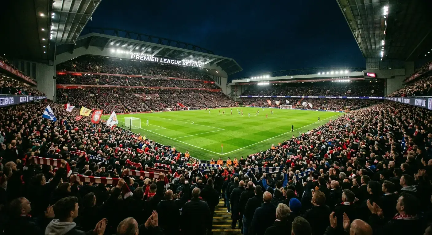 Floodlit Premier League stadium packed for a top-flight English football match
