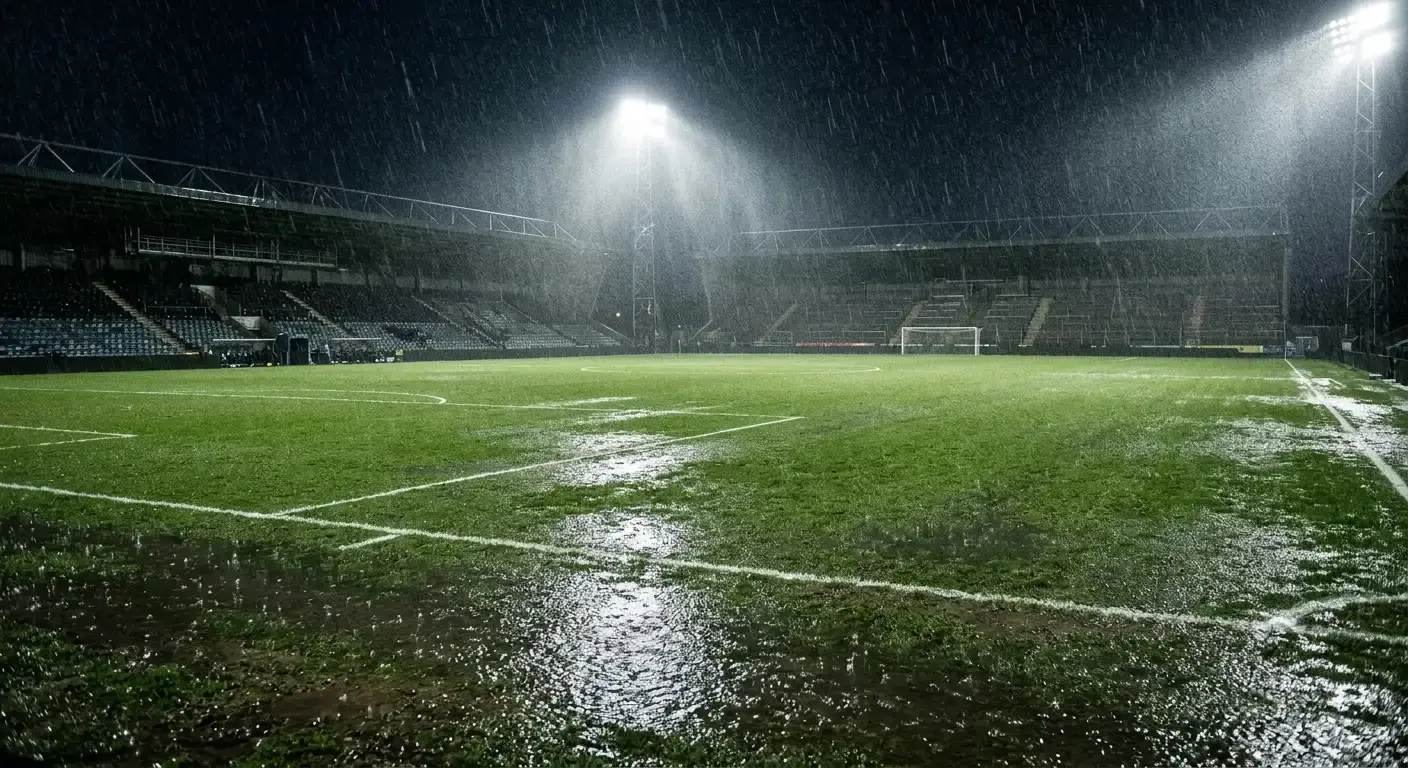 Heavy rain falling on a floodlit football pitch, a factor that suppresses goals