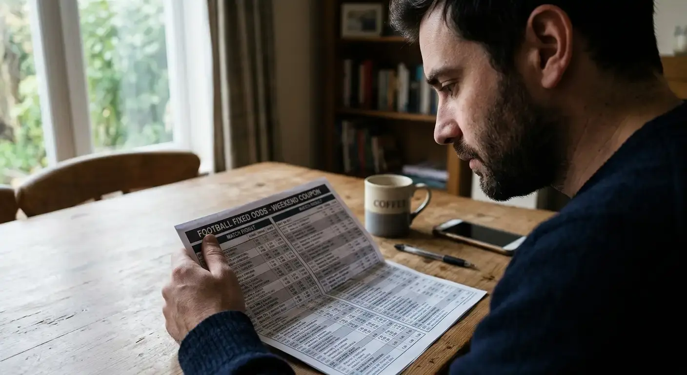 Bettor studying a football coupon header showing the match result market before placing a bet