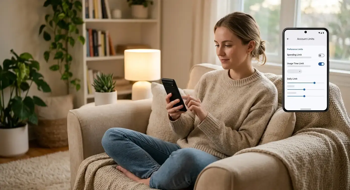 Person calmly setting account limits on a phone in a relaxed home setting