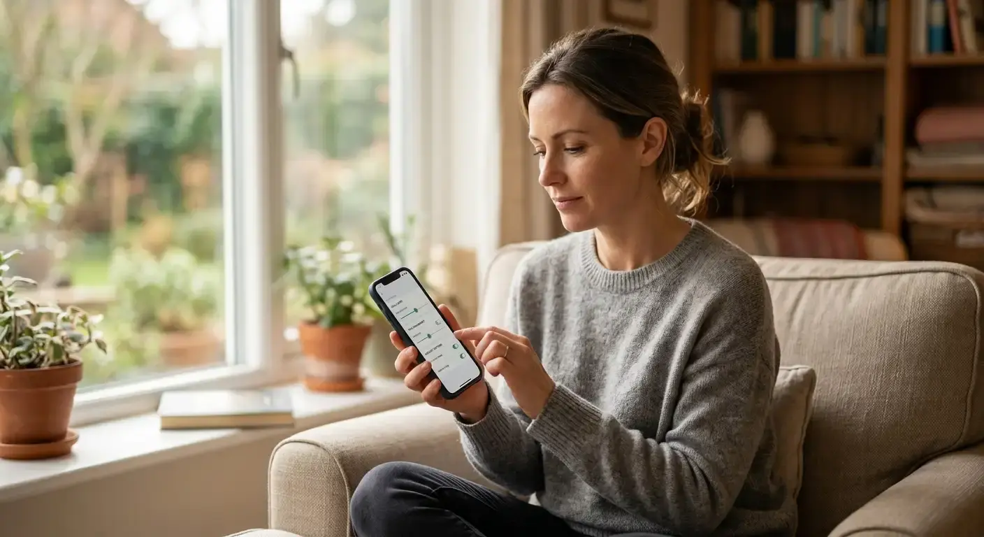 Calm scene of a person setting safer gambling controls on a phone at home