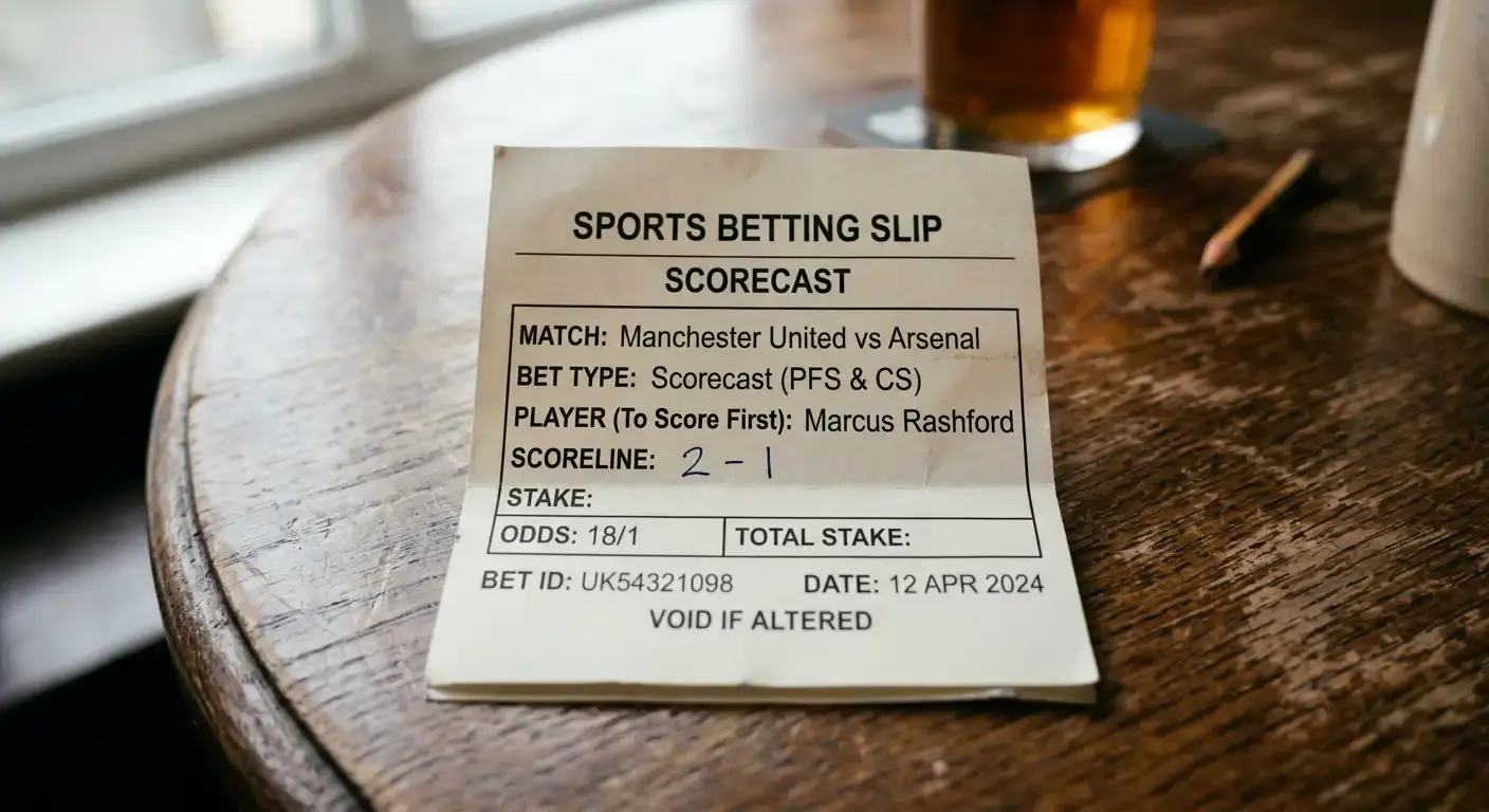Betting slip pairing a goalscorer with an exact final score in a scorecast