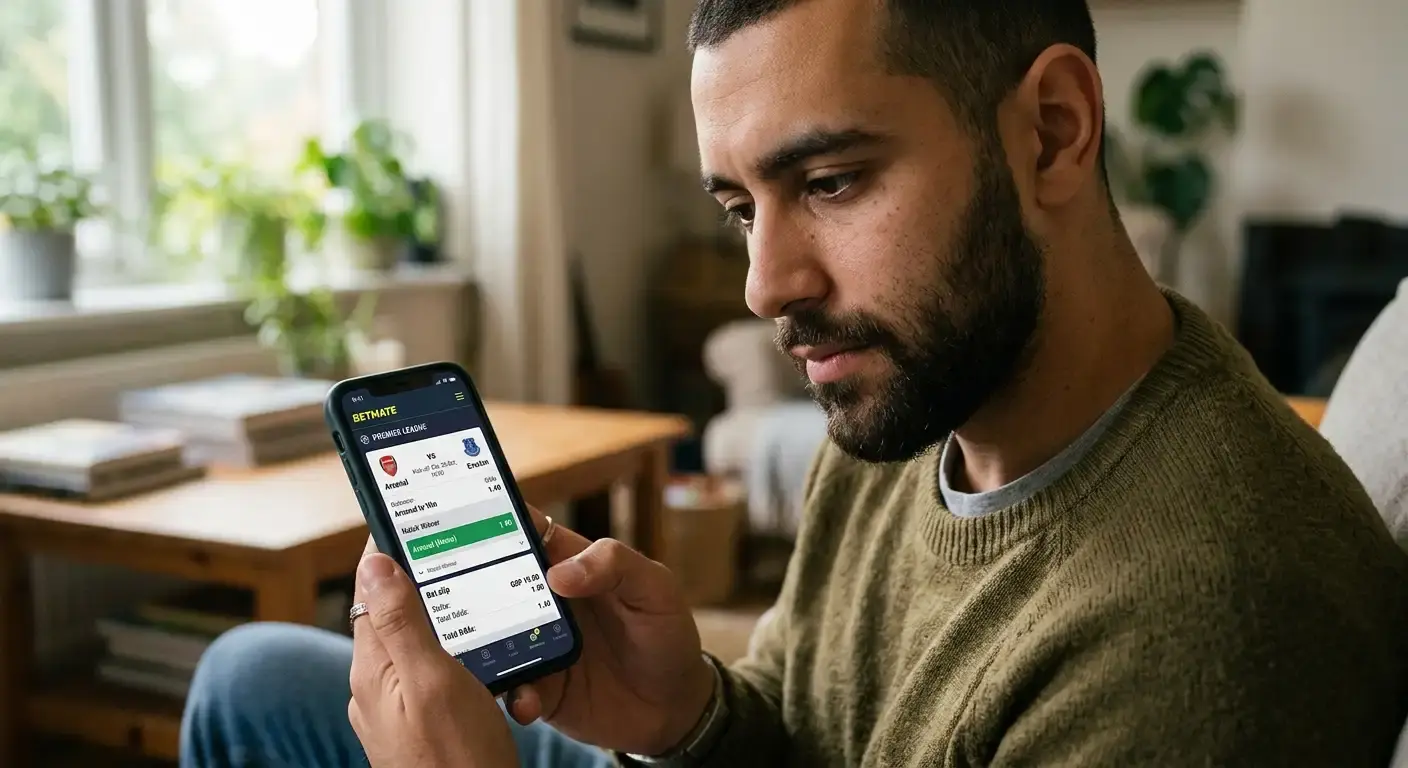 Bettor weighing a very short-priced draw no bet selection on a phone