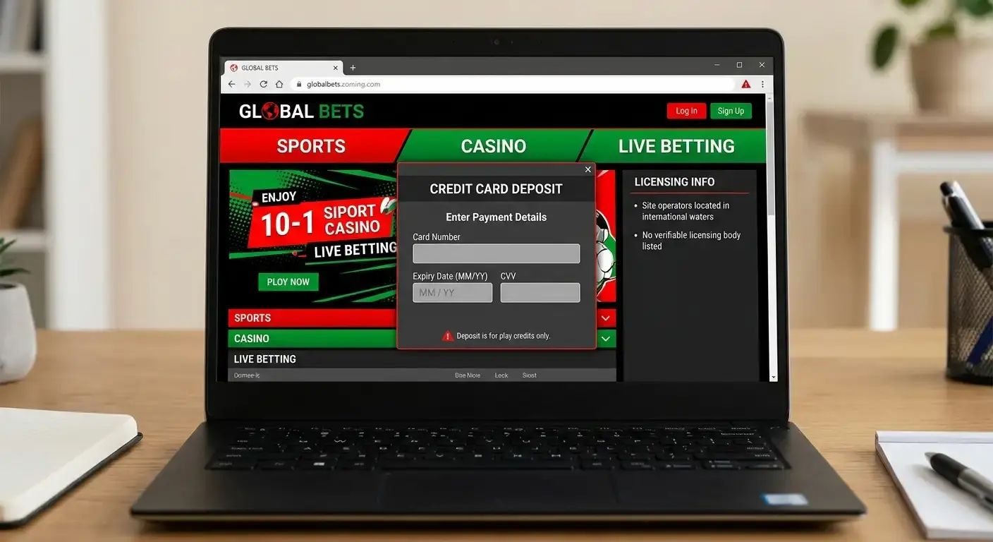 Warning signs of an unlicensed betting site such as no licence details and credit card deposits