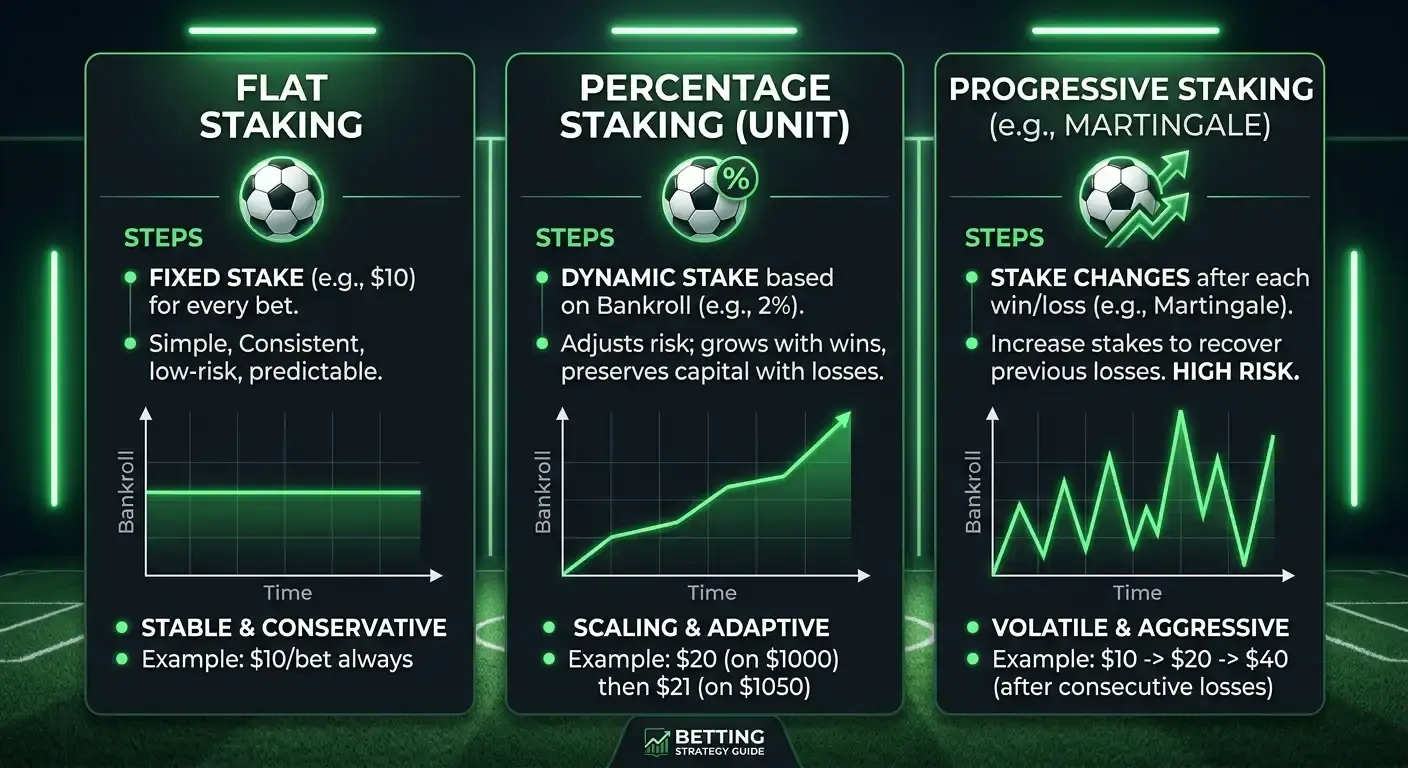 Comparison panel of flat, percentage and progressive football staking plans