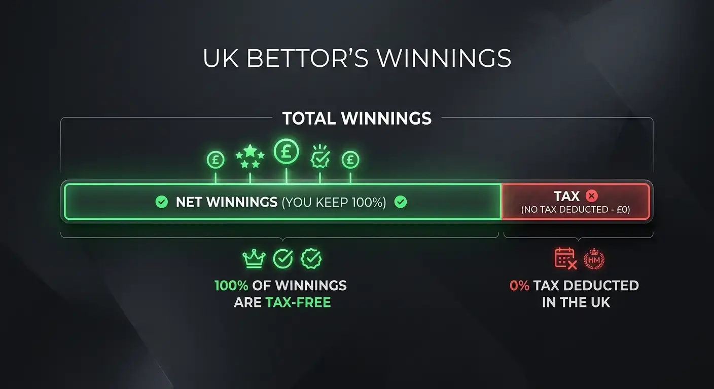 Clean graphic showing UK betting winnings kept whole and tax-free for the bettor