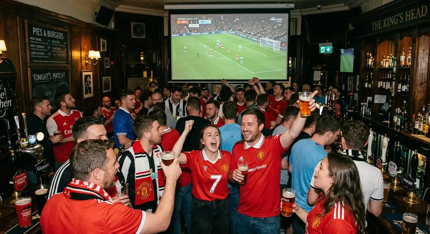 Football fans watching a Premier League match in a busy UK pub with the game on screen
