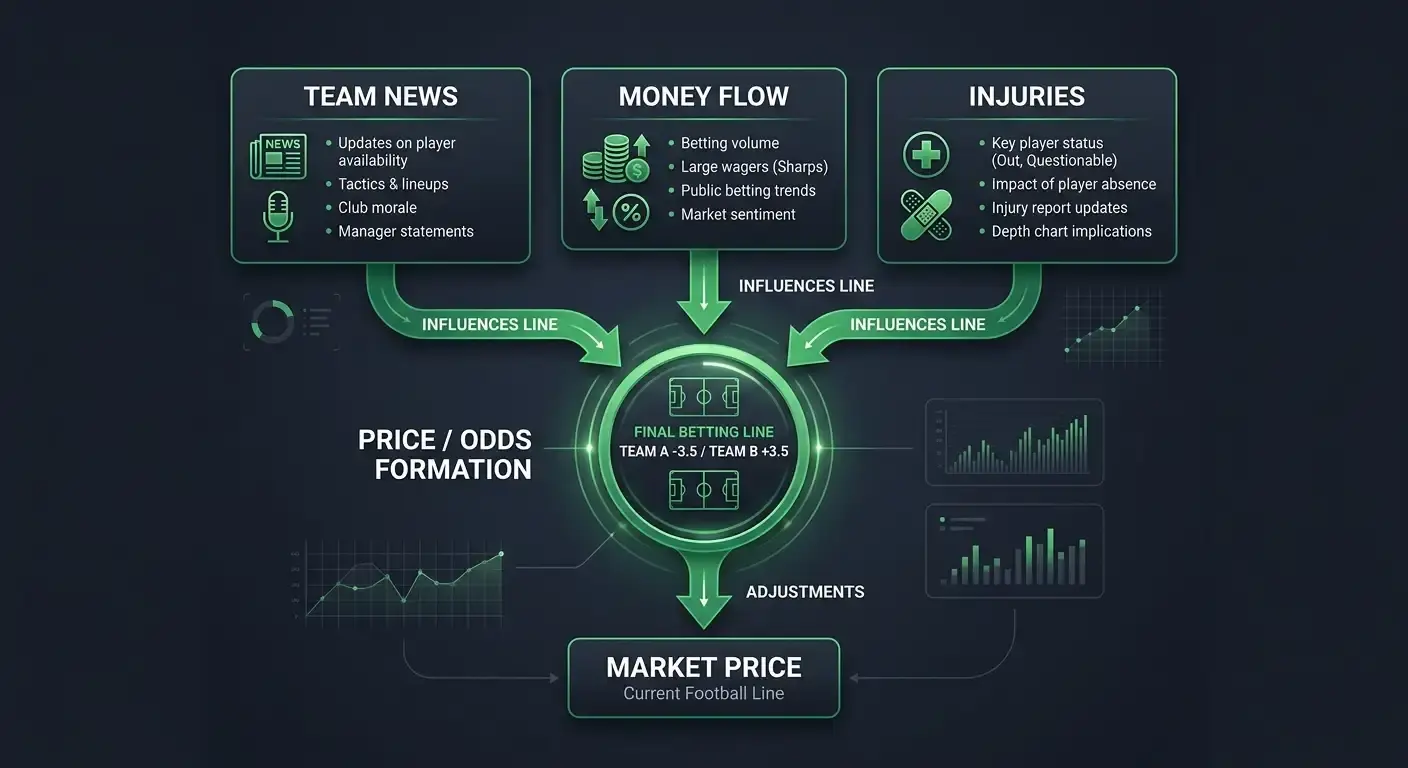 Diagram of the factors that move a football betting line before kick-off