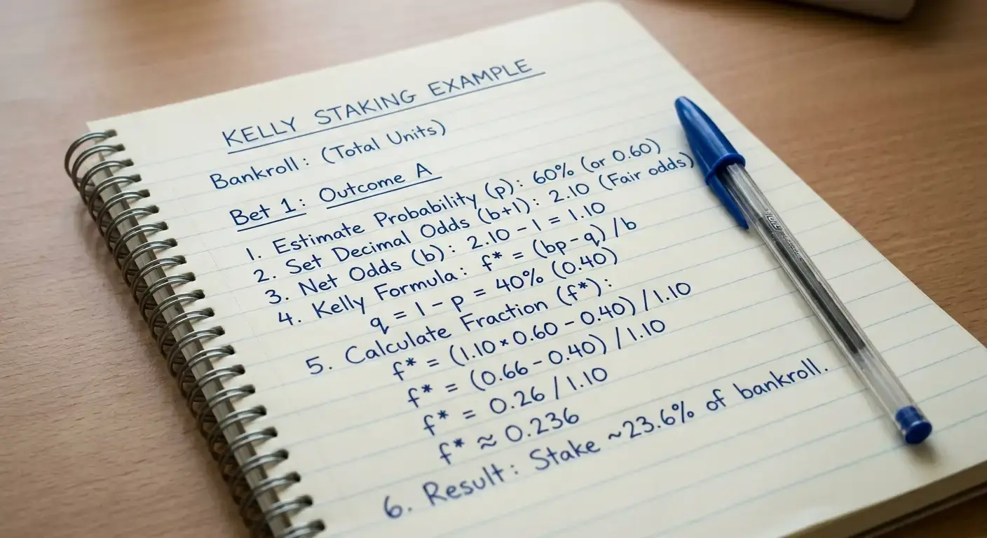 Step-by-step worked Kelly example for a football bet on a notepad