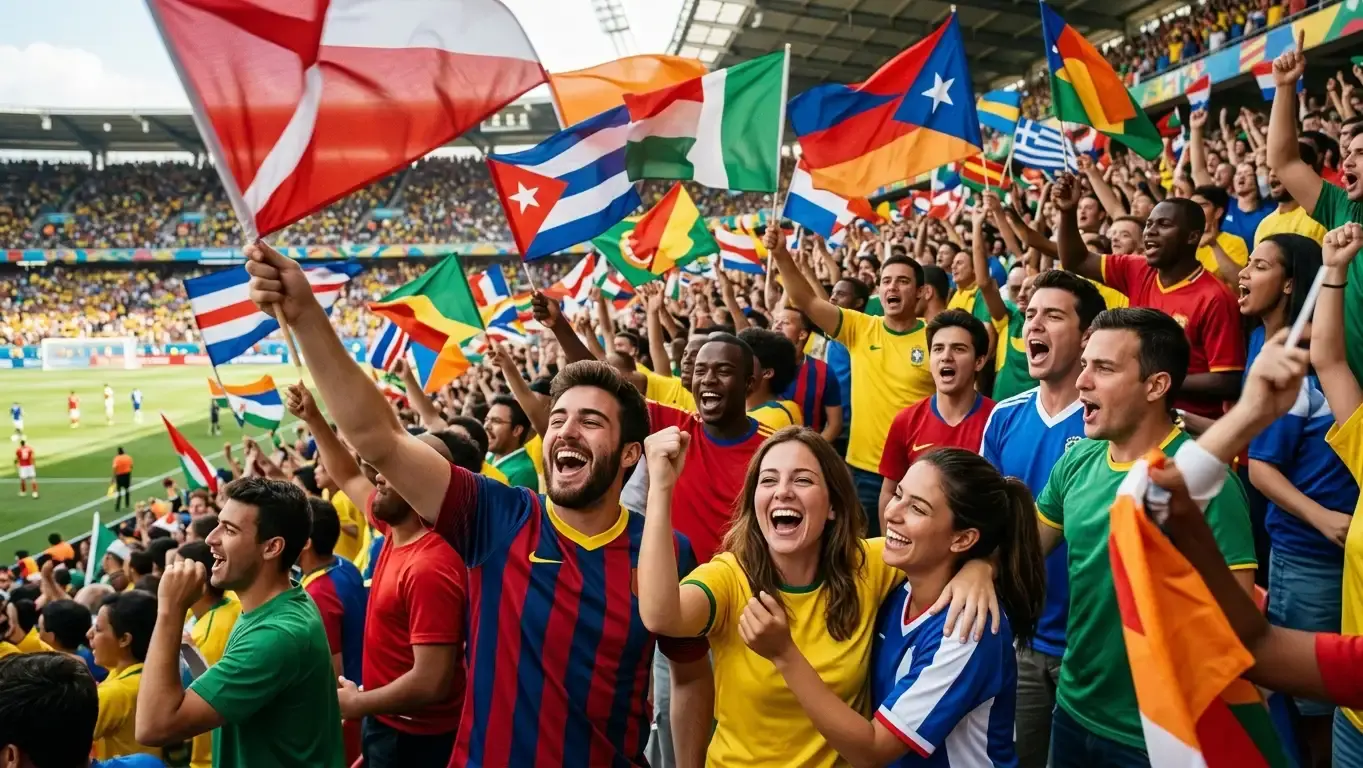Football fans in replica shirts celebrating during a major international tournament match